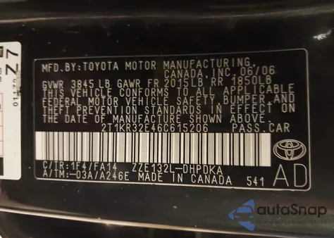 2006 Toyota Matrix z USA, uszkodzony, nr VIN 2T1KR32E46C615206